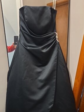 David's Bridal Black Strapless Satin Gown with Side Brooch